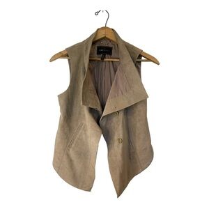 BCBG Max Azria Faux Vegan Suede Khaki Tan Hi-Lo Layering Button Front Cowl Vest
